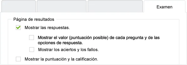 Captura de pantalla de la configuración de la visualización de los resultados en la página de finalización del examen.