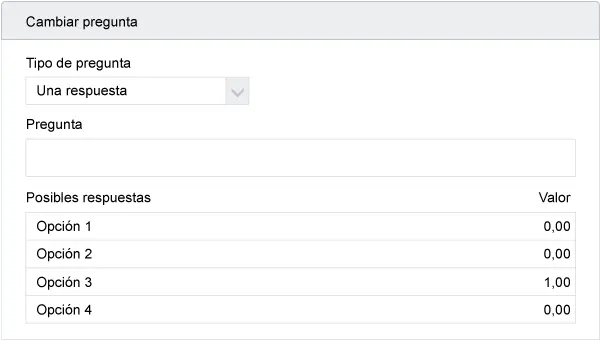 Captura de pantalla de la creación de una pregunta con el valor asignado a la respuesta correcta.