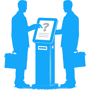 Two visitors in front of a touch screen with an online survey