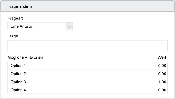 Screenshot der Erstellung einer Frage mit dem Wert, der der richtigen Antwort zugeordnet ist.